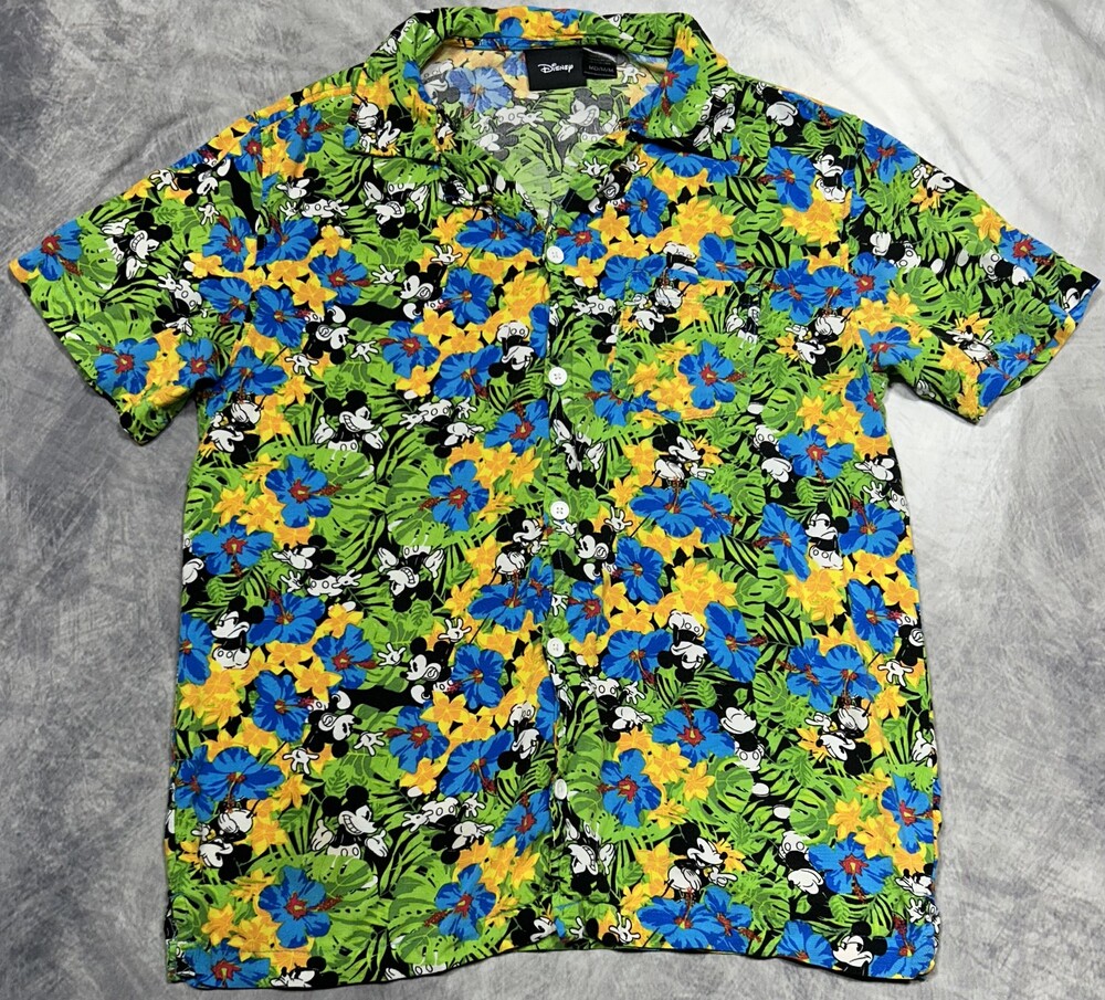 Disney Shirt Mens Medium Multicolor Mickey Mouse Hawaiian Rayon Aloha Tropical
